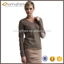 Hot product pure cashmere v-neck pullover with patch on elbow